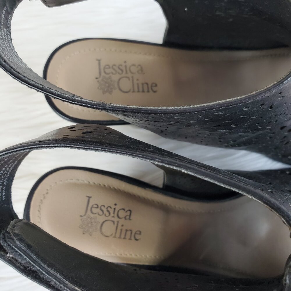 Jessica Cline Black Open Toe Laser Cut Chunky Heel SZ 7.5 - Picture 7 of 15